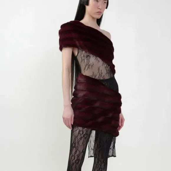 Kim Shui Aubergine Faux Fur Dress Deep Burgundy One-Shoulder mini Revolve M - Picture 3 of 13
